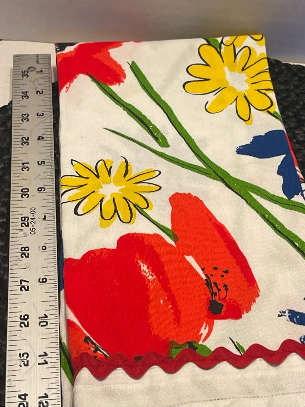 Vera Neumann Floral Red Yellow Cotton/Linen Kitchen Towel & Lace Trim 1960s